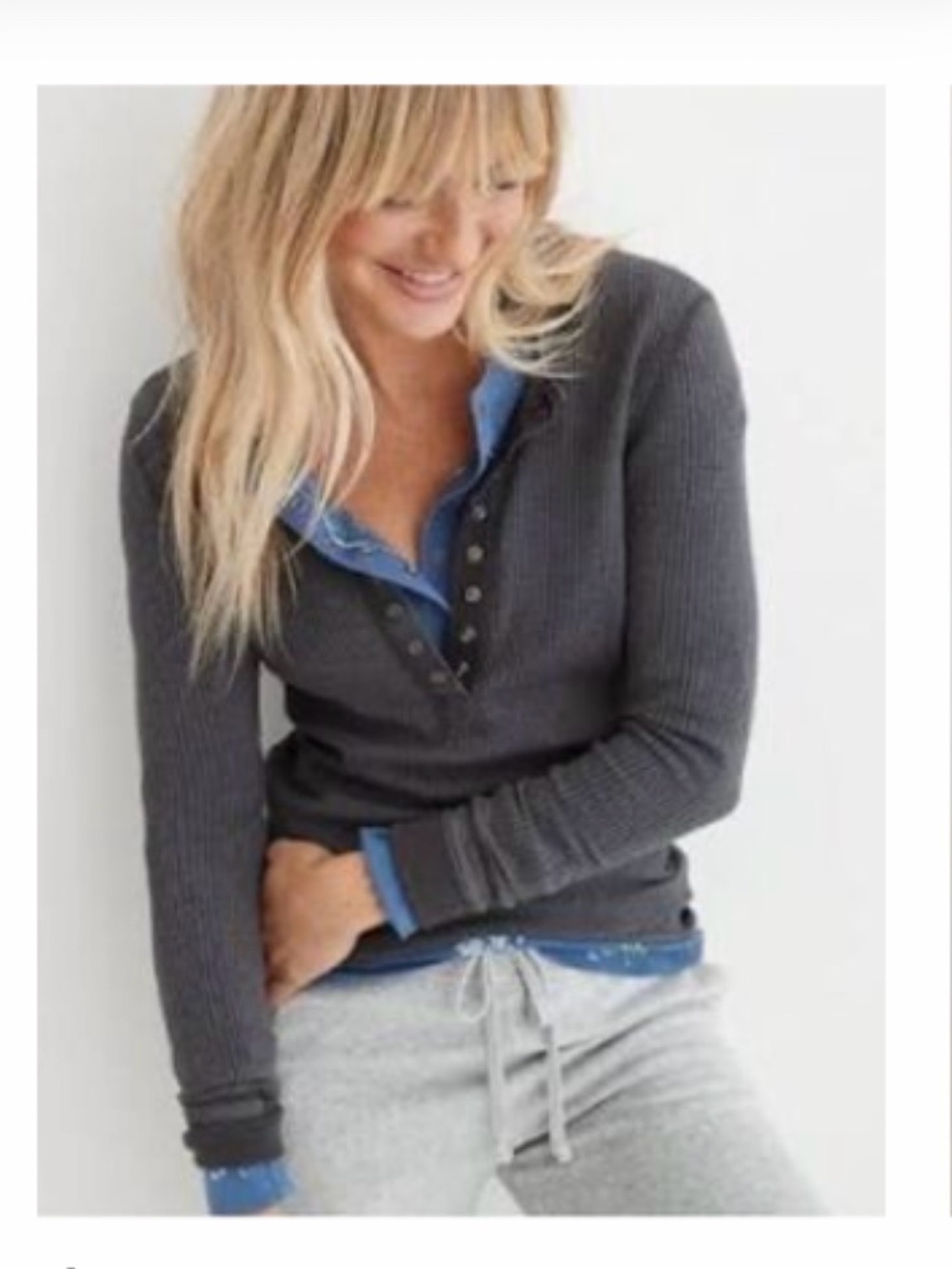 aerie womens Charcoal Waffle Henley Long-Sleeve Shirt L distressed